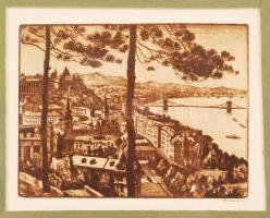 Conrád Gyula (1877-1959): A Tabán látképe. Rézkarc, papír, jelzett, üvegezett keretben, 11x9 cm