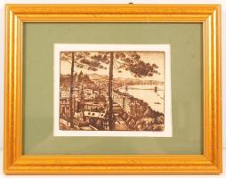 Conrád Gyula (1877-1959): A Tabán látképe. Rézkarc, papír, jelzett, üvegezett keretben, 11x9 cm