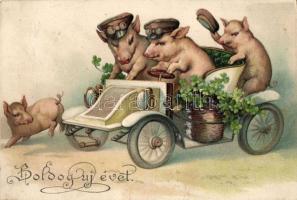 New Year, pigs, car, Emb. litho (fl)