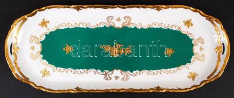 GDR aranyozott virágmintás porcelán süteményes tál, hibátlan, jelzett, 38x15 cm