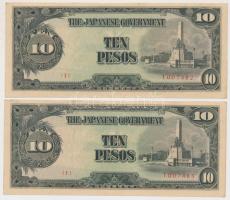 Fülöp-szigetek/II. világháború/japán megszállás 1943. 10P (2x) sorszámkövetők T:I- Philippines/Japanese occupation 1943. 10 Pesos (2x) sequential serials C:AU