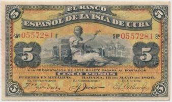 Kuba/spanyol adminisztráció 1896. 5P "Plata" felülbélyegzéssel T:II- Cuba/Spanish administration 1896. 5 Pesos with "Plata" overprint C:VF Krause 48