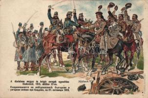 Hungarian and Bulgarian soldiers meeting in Kladovo, 1915, WWI propaganda, litho s: Mühlbeck K. (EK)