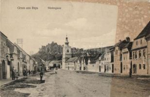 Kőhalom, Reps, Rupea; Alsó utca, vár a háttérben, templom / Niedergasse / street, church, castle (Rb)