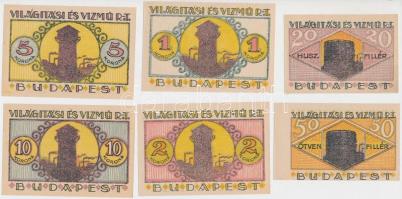Budapest 1920. 20f, 50f, 1K, 2K, 5K, 10K "Világítási és Vízmű Rt." utalvány T:I