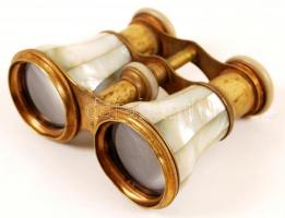 Gyöngyházberakású színházi látcső fém és sárgaréz elemekkel, eredeti tokjában / Brass and metal theatre binoculars