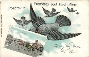 Frenstát pod Radhostem, Námestí; nákladem R. Parmy / main square, birds, litho (EK)