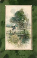 Countryside view, litho art postcard