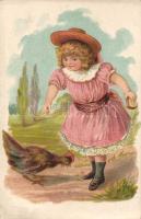 Girl, chicken, litho