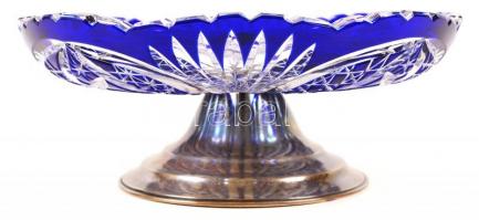 Kék kristály többrétegű, hámozot, csiszolt asztali kínáló tál ezüst (Ag) talpazaton, peremén apró le...