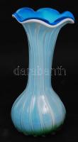 Tejopál-kék kétrétegű üvegváza szálas díszítéssel, hibátlan, m: 20 cm