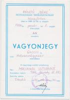 Pásztó 1991. "Pásztó "BÉKE" Mezőgazdasági Termelőszövetkezet" névre szóló vagyonjegye 64.000Ft-ról T:I-