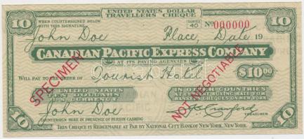 Kanada DN "Canadian Pacific Express Company" 10$ "SPECIMEN" utazási csekk T:I Canada ND "Canadian Pacific Express Company" 10 Dollars "SPECIMEN" travellers cheque C:UNC
