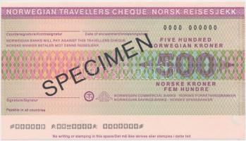 Norvégia DN "Norvég Kereskedelmi Bank, Norvég Takarékpénztár" 500K "SPECIMEN" utazási csekk T:I Norway ND "Norwegian Commercial Banks, Norwegian Savings Banks" 500 Kroner "SPECIMEN" travellers cheque C:UNC