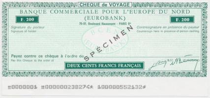 Franciaország DN "Észak-európai Kereskedelmi Bank" 200Fr "SPECIMEN" utazási csekk T:I France ND "Commercial Bank for Northern Europe" 200 Francs "SPECIMEN" travellers cheque C:UNC