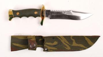 Vadászkés csontfűrészes acélpengével, övre fűzhető tokkal, penge hosszúsága: 13 cm