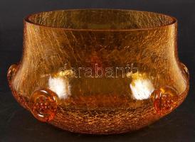 Mézsárga kraklé asztali üveg díszkínáló tál, hibátlan, m: 11 cm, d: 17 cm