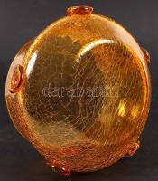 Mézsárga kraklé asztali üveg díszkínáló tál, hibátlan, m: 11 cm, d: 17 cm