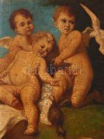 Jelzés nélkül: Puttók játéka. 2 db festmény, olaj, faros, jelzés nélkül, aranyozott antik keretben, ...