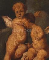 Jelzés nélkül: Puttók játéka. 2 db festmény, olaj, faros, jelzés nélkül, aranyozott antik keretben, ...