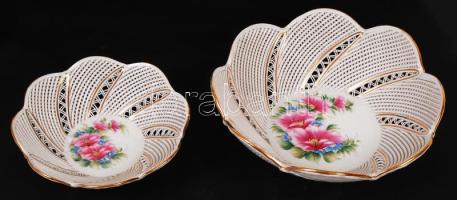 Transipor áttört tál (2db), kézzel festett, jelzett, hibátlan, d:17 és 22 cm, m:4 és 6 cm
