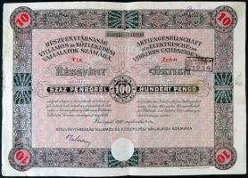 Budapest 1929. "Részvénytársaság Villamos és Közlekedési Vállalatok számára" 10 részvénye egyenként 100P-ről magyar és német nyelven, szelvényekkel, bélyegzésekkel T:III