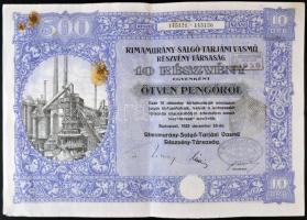 Budapest 1925. "Rimamurány-Salgó-Tarjáni Vasmű Részvény-Társaság" 10 részvénye egyenként 50P-ről pecsétekkel, szelvényekkel T:III
