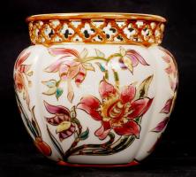 Zsolnay porcelán áttört kaspó, kézzel festett virágmintás kaspó, hibátlan, jelzett, m: 10 cm, d: 9 cm /Hand painted Zsolnay pot