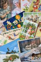 Egy cipősdoboz régi képeslap, főleg virágmotívum és üdvözlőlap, számos litho és igényes kivitelű lap / mixed pre-1945 collection of greeting cards, floral and festive motives