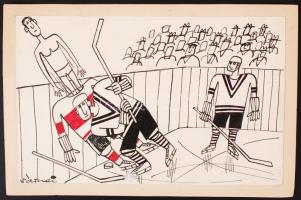 Várnai György (1921-1991): Hokis ütközés. Vegyes technika, papír, jelzett, 15×23 cm