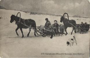 Farewell of a New Soldier, sledge, horse, winter s: Nikolay Bogdanov-Belsky (EK)