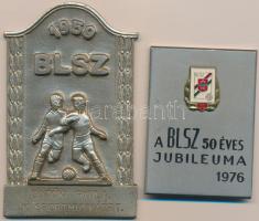 1959. "BLSZ (MAGYAR LABDARÚGÓ SZÖVETSÉG Budapesti Igazgatóság)" ezüstözött Br emlékplakett (103x65mm) + 1976. "BLSZ (MAGYAR LABDARÚGÓ SZÖVETSÉG Budapesti Igazgatóság) 50 éves jubileuma" fém emlékplakett zománcozott miniatűrrel (52x71mm) T:1-