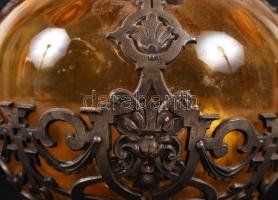 Dekoratív ón boros kancsó, mangán sárga üveggel, m:27 cm