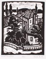 Cseh Anna Mária (1926-1999): Budai háztetők. Linó, számozott, papír, jelzett, 16×22 cm