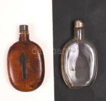 Antik üvegflaska fém csavaros kupakkal (2db), egyik bőr tokban, m:13 cm