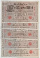 Német Birodalom / Császárság 1910. 1000M hétjegyű sorszám, piros pecsét (5x), közte sorszámkövetők T:II/III German Empire 1910. 1000 Mark 7 digit serial, red seal (5x), with sequential serials C:XF/F Krause 44 b