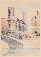 Joláthy Attila (1927-1998): Franciaországi városkép. Akvarell, papír, jelzett, paszpartuban, 19x25 cm