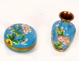 Zománcozott réz ékszeres doboz és mini váza, m:10 cm, d:7,5 cm