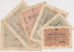 1848-1849. 15Kr + 30Kr + 1Ft + 2Ft + 5Ft (2xklf) Kossuth bankó T:III,III-