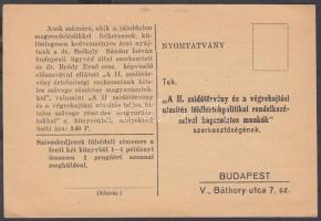 1939 "A II. zsidótörvény és a végrehajtási utasítás földbirtokpolitikai rendelkezéseivel kapcsolatos munkák" szerkesztőségének címzett nyomtatott levelezőlap
