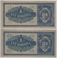 1920. 1K (2x) enyhén narancssárgás és rozsdavörös sorozat- és sorszám színvariáns T:I- hajtatlan