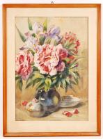 Edvi Illés Panni (1897-1978): Virágcsendélet. Akvarell, papír, jelzett, üvegezett keretben, 55×42 cm