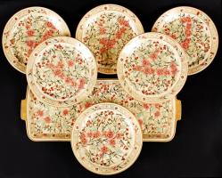 Régi, kézzel festett, aranyozott, perzsa-mintás, komplett Zsolnay süteményes készlet 6 tányér, egy tál (egyik tányéron repedés) / Vintage Zsolnay cace set (one plate cracked)