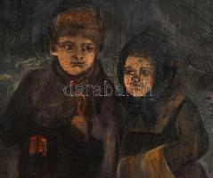 Olvashatatlan jelzéssel: Éjjel az utcán. Olaj, farost, jelzett, antik keretben, 16x32 cm