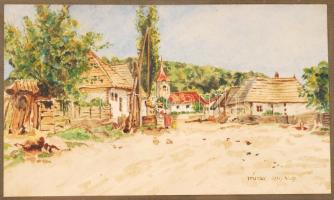 Pápay jelzéssel(1929): Gémes kút, templomtorony. Akvarell, papír, jelzett, üvegezett antik keretben, 13x22 cm