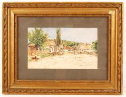 Pápay jelzéssel(1929): Gémes kút, templomtorony. Akvarell, papír, jelzett, üvegezett antik keretben,...