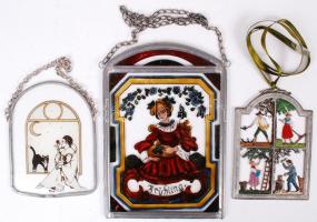 2 db ónkeretes színes üvegkép, 1 db festett ónkép