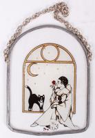 2 db ónkeretes színes üvegkép, 1 db festett ónkép