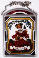 2 db ónkeretes színes üvegkép, 1 db festett ónkép