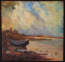 Nyárádi jelzéssel: Csónak a parton. Olaj, farost, 19×20 cm